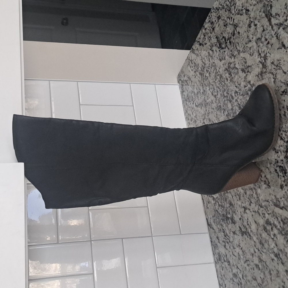 Vegan Heeled Black Knee High Boot
